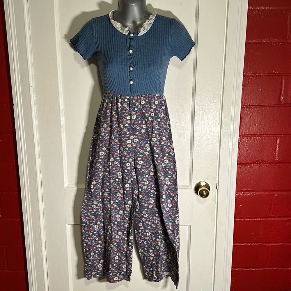 90s Vintage Kids Floral Denim Lace Collared Jumpsuit - Picture 2 of 14